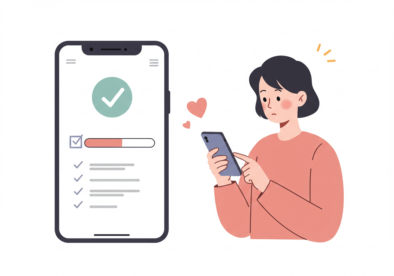 스마트폰 화면에 진행 바와 체크 표시를 보며 신청 현황을 확인하는 어머니의 휴대폰위로 하트표가 뿅뿅!