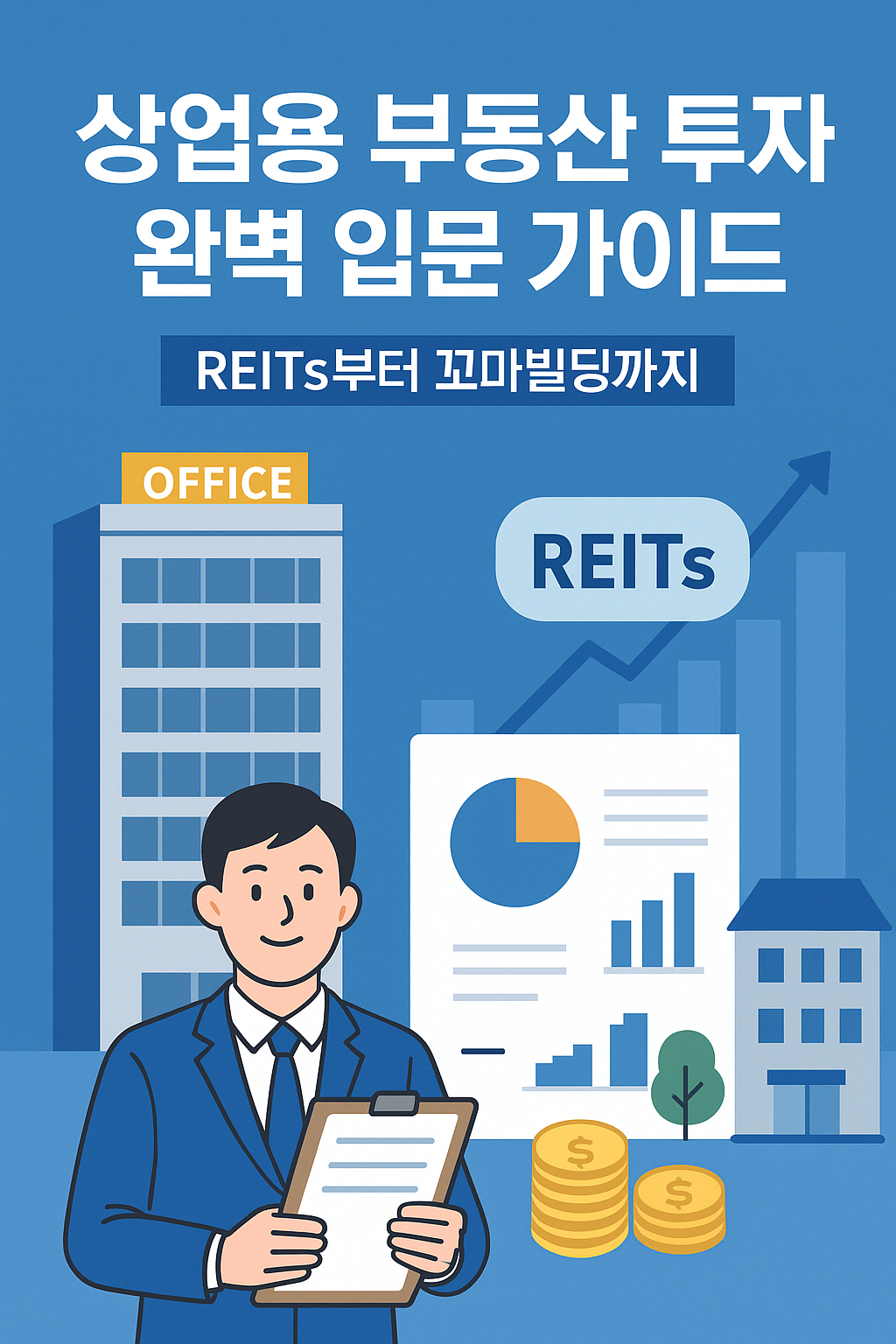상업용 부동산 투자를 상징하는 평면 일러스트. 작은 도시 건물과 그래프 아이콘, 투자 수익 상승 화살표가 함께 배치된 간결한 금융 인포그래픽 스타일 이미지