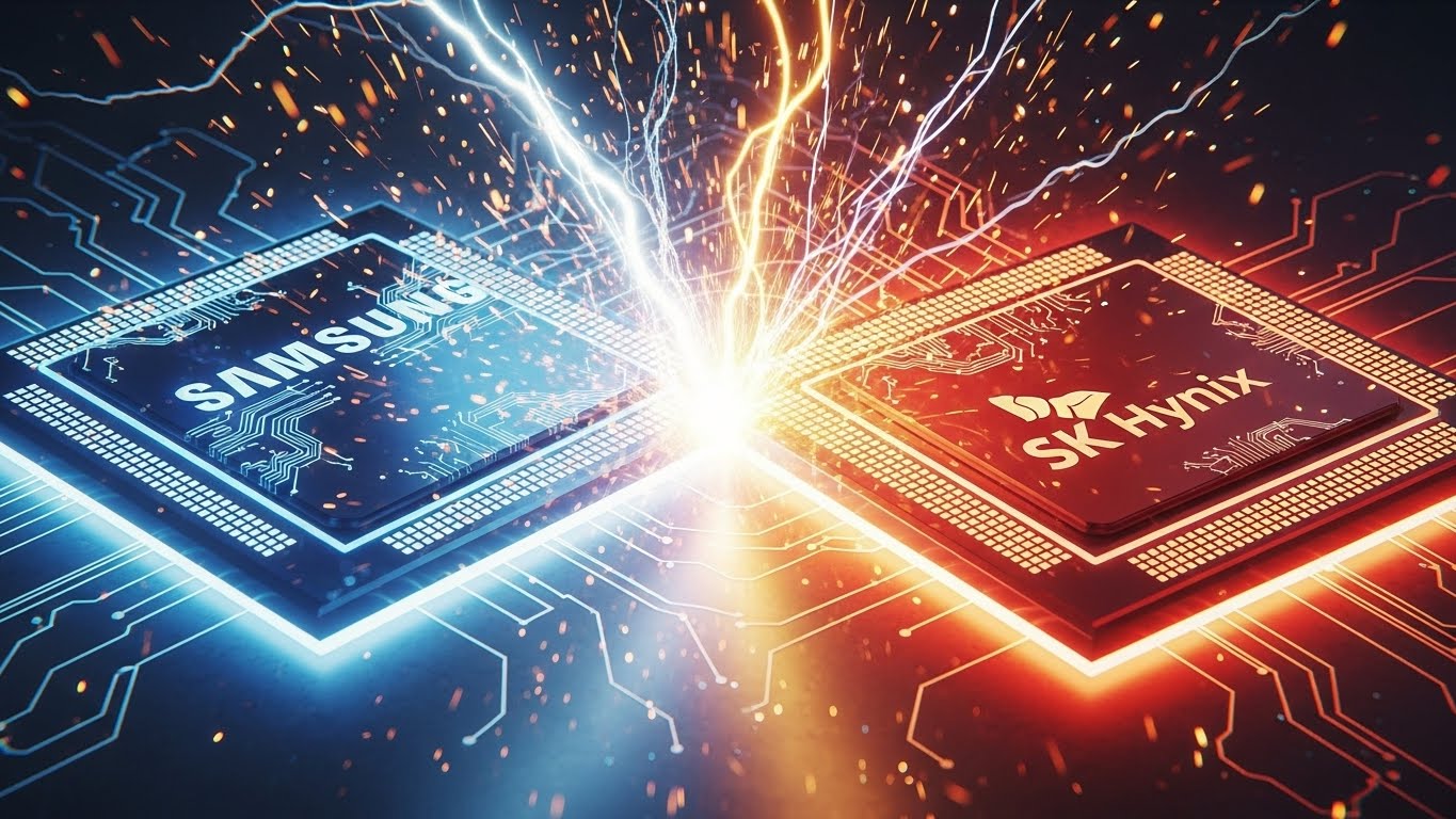 Concept art of two semiconductor chips facing each other, one with Samsung logo color (blue) and the other with SK Hynix logo color (redorange), sparks flying between them representing competition, sleek metallic texture