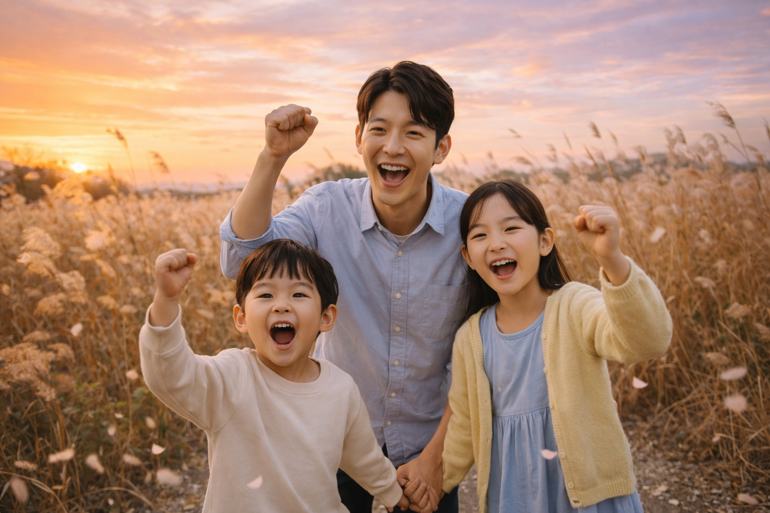 노을 지는 갈대숲에서 5살 소년과 8살 소녀, 아빠가 주먹을 쥐고 함께 화이팅을 외치며 웃고 있는 따뜻한 장면