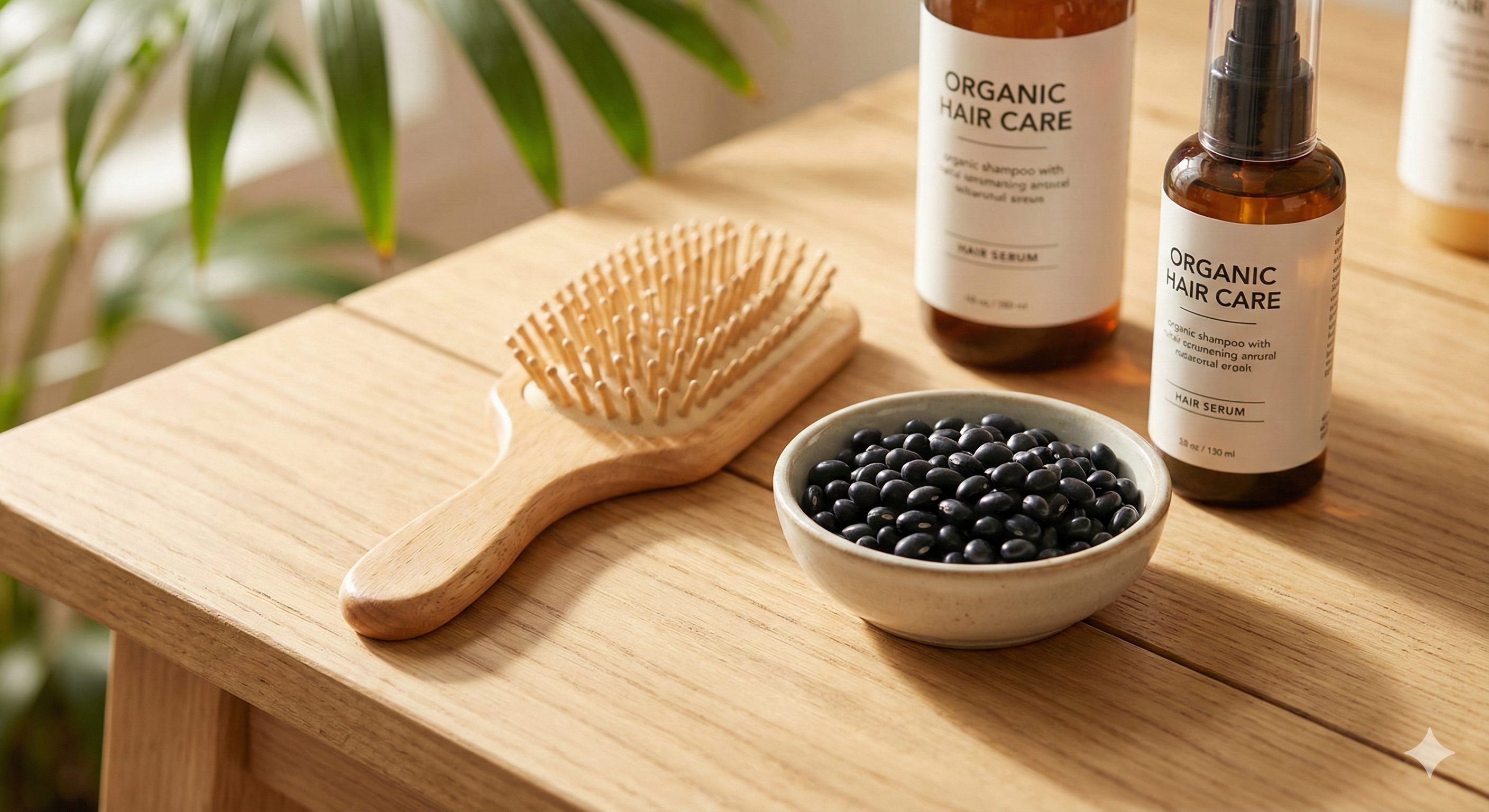 햇살이 잘 드는 깨끗한 나무 테이블이나 밝은 욕실 화장대를 배경으로 합니다. 바닥에는 천연 나무 소재의 헤어 브러시(패들 브러시), 윤기 나는 검은콩이 담긴 작고 예쁜 도자기 그릇, 그리고 유기농 샴푸나 헤어 세럼 병이 놓여 있습니다. 조명은 부드럽고 따뜻하여 건강하고 차분하며 긍정적인 분위기를 자아냅니다. 배경은 아웃포커싱 처리하고 초록색 식물 잎을 살짝 배치하여 신선함을 강조합니다.