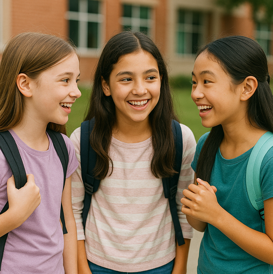여학생 세 명이 즐겁게 대화하고 있다.