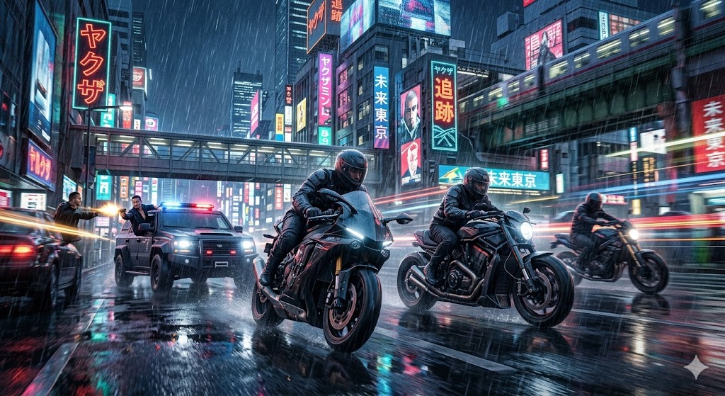 스네이크 아이즈: 지아이조 오리진에서 비 내리는 도쿄 도심의 네온사인 아래에서 스네이크 아이즈와 토미가 야쿠자 조직원들의 무자비한 공격을 피해 오토바이를 타고 폭발적인 속도로 질주하는 추격전 장면