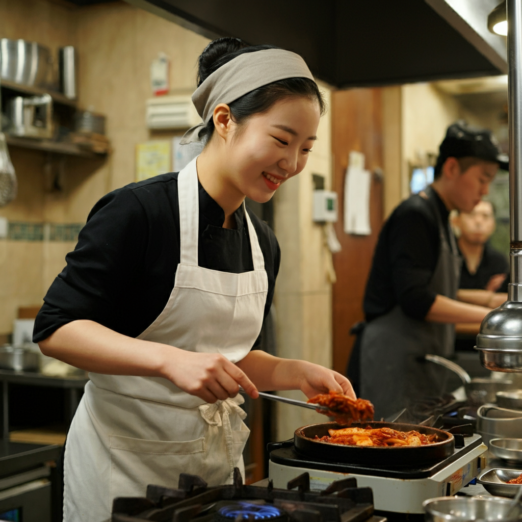 음식을 조리하는 젊은 여성