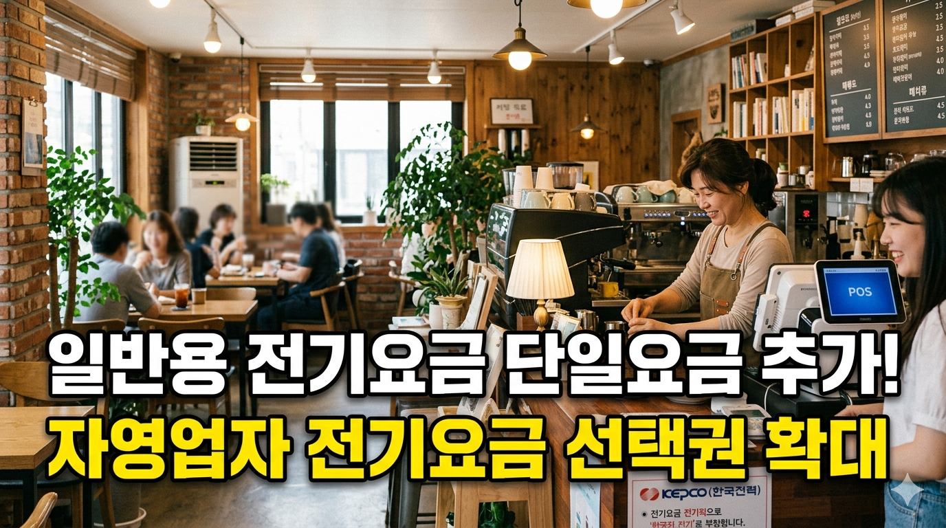 일반용 전기요금 단일요금 추가! 자영업자 전기요금 선택권 확대 문구가 적힌 따뜻한 분위기의 카페 내부 실사 썸네일 이미지