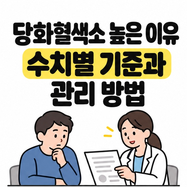 당화혈색소 높은 이유 수치별 기준과 관리 방법 제목 아래 성인과 의료진이 결과지를 보며 상담하는 대표 이미지