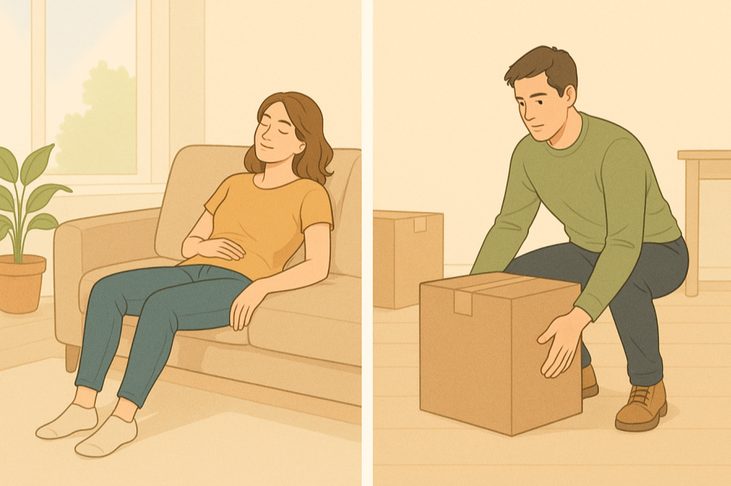 집안에서 소파에 편하게 쉬는 여성과 무거운 박스를 조심스럽게 드는 남성의 모습