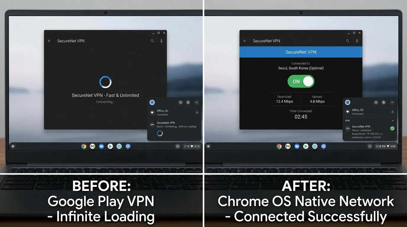구글 플레이스토어 VPN 앱은 무한 로딩이 도는데 Chrome OS 네이티브 네트워크 창은 정상 연결된 전후 비교 화면