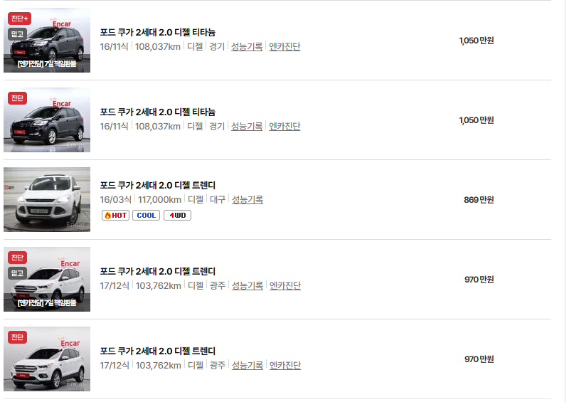 포드 쿠가 중고차 가격 시세표 유지비