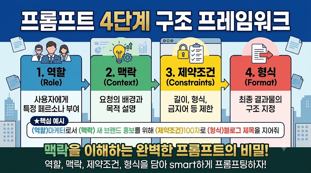 역할 맥락 제약조건 형식을 나타낸 프롬프트 4단계 구조 프레임워크