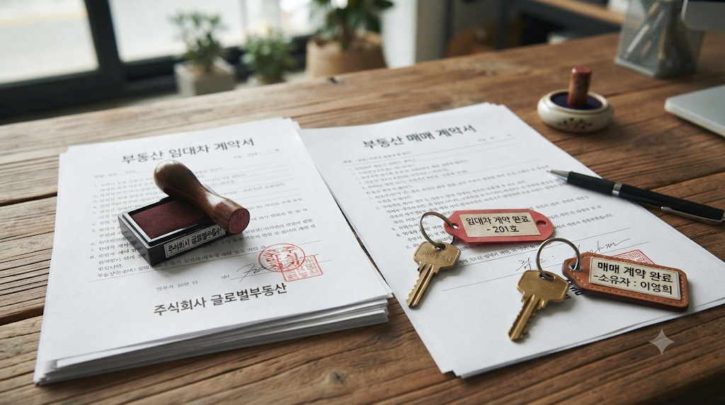 법인 인감도장과 계약서, 두 개의 다른 열쇠가 놓인 정물 사진, 임시숙소용과 사택용 법인 임대차의 차이를 상징하는 이미지
