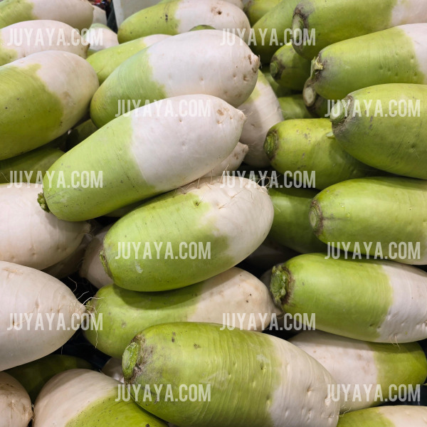 다수의 통통한 무가 시장에서 쌓여 있는 모습&amp;#44; 무의 깨끗한 표면과 연한 녹색 톤이 돋보임.