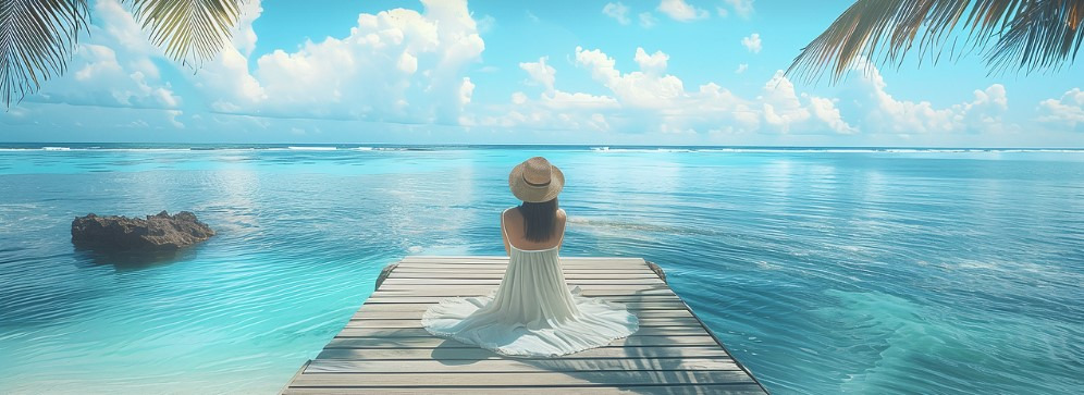 바닷가에 앉아 수평선을 바라보며 휴식을 취하고 있는 여성의 사진