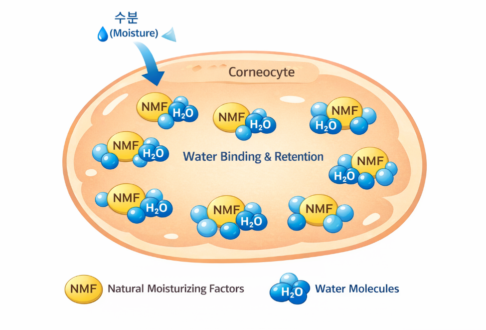 각질 세포 내부에서 NMF가 수분을 결합해 유지하는 과정을 단순화한 이미지