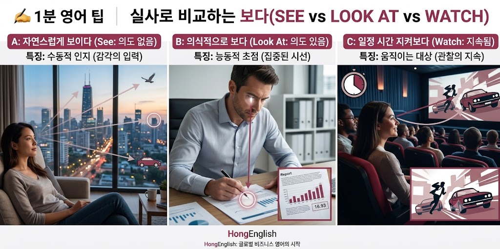 ✍️ 1분 영어 팁 ❘ 실사로 비교하는 보다(See vs Look at vs Watch) 뉘앙스 차이 이미지