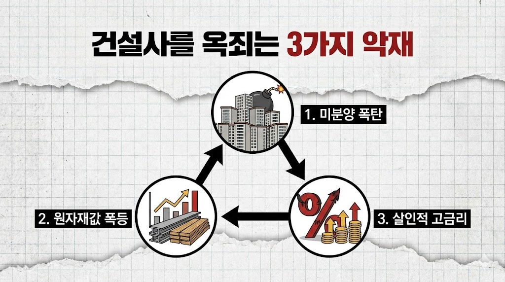찢어진 그래프 종이 배경과 삼각형 구도의 도식화를 통해 건설업계가 직면한 세 가지 핵심 악재를 표현했습니다. 미분양 폭탄, 원자재값 폭등, 살인적 고금리가 서로 맞물려 건설사를 벼랑 끝으로 내몰고 있음을 직관적으로 보여줍니다.