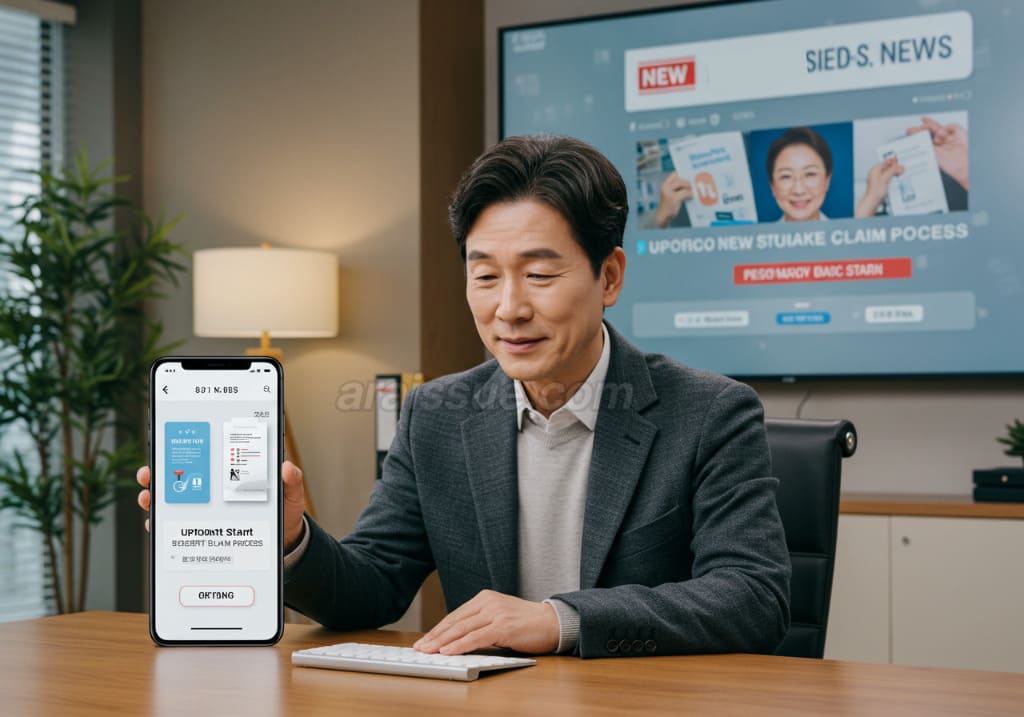디지털 청구 시스템을 사용해 실손보험 청구를 진행하는 한국 중년 남성. 스마트폰 화면에 청구 처리 시작 화면이 나타나는 모습입니다.
