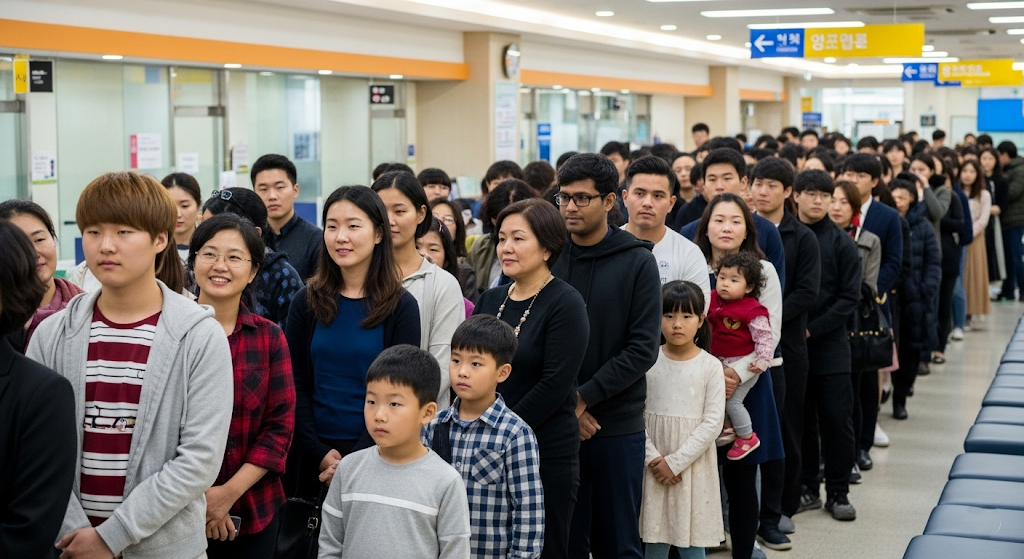 복지센터에서 지원금을 신청하는 다양한 한국 청년, 외국인, 다문화가정 구성원의 모습