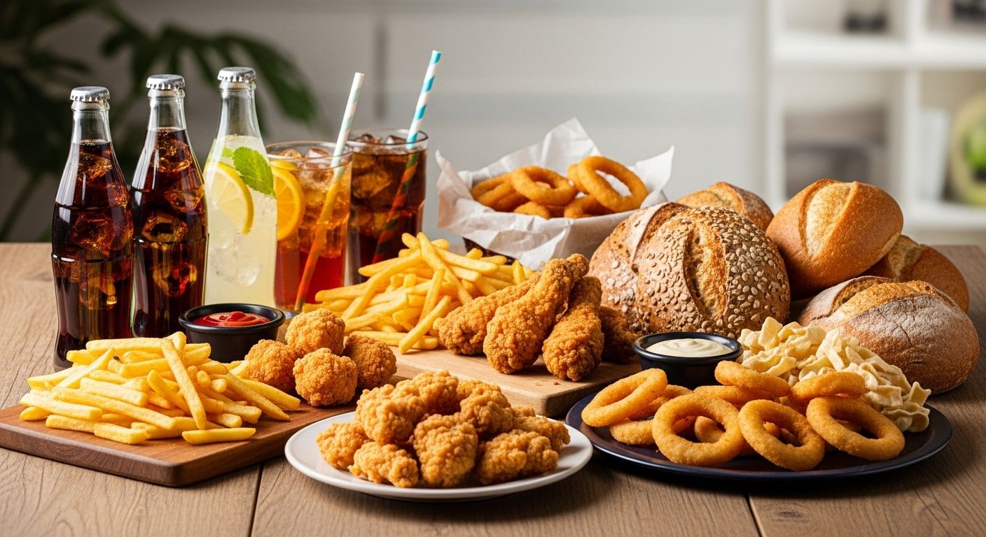 튀김&amp;#44; 빵&amp;#44; 당 음료가 놓인 테이블