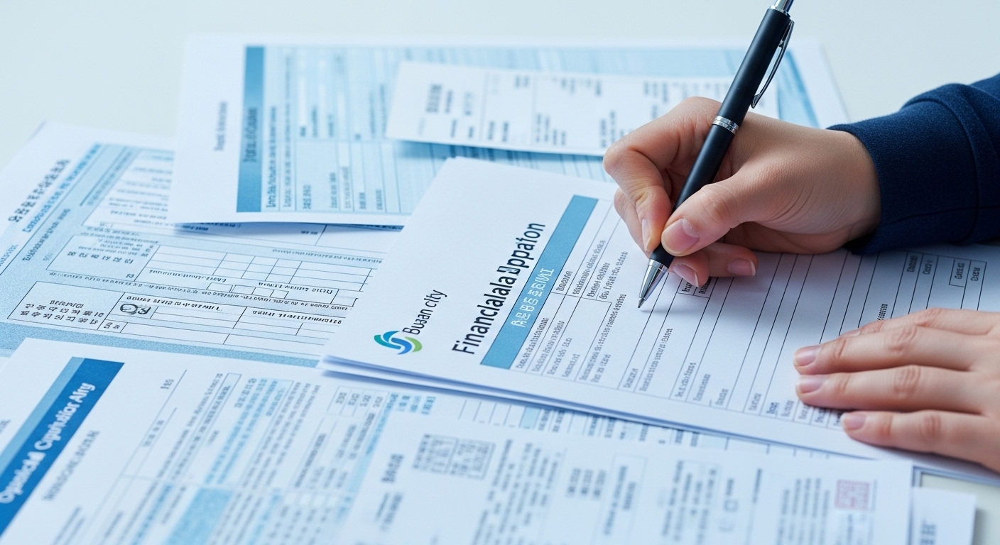 부산 희망두배통장 신청 서류들을 꼼꼼히 작성하는 손, 재취업 관련 증빙 서류들이 함께 놓여 있음.