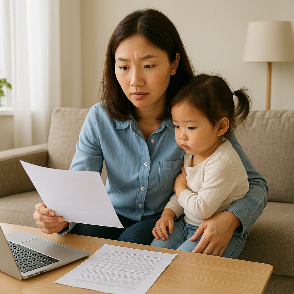 어린 딸을 안고 육아휴직 관련 서류를 검토하는 젊은 엄마의 모습