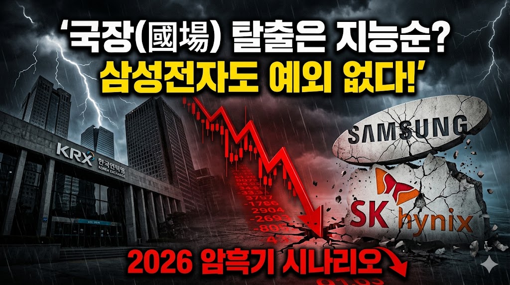한국 증시의 상징인 하락하는 붉은색 캔들차트가 날카롭게 꺾이며 바닥을 뚫고 내려가는 모습을 역동적으로 표현했습니다. 그 옆에 '국민주' 삼성전자와 SK하이닉스의 로고가 균열이 가고 부서지는 모습으로 배치되어 대형주조차 안전하지 않음을 암시합니다