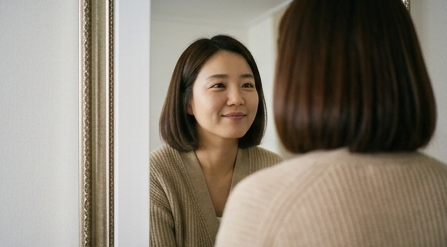 거울 앞에서 입꼬리를 살짝 올려보는 엄마의 모습