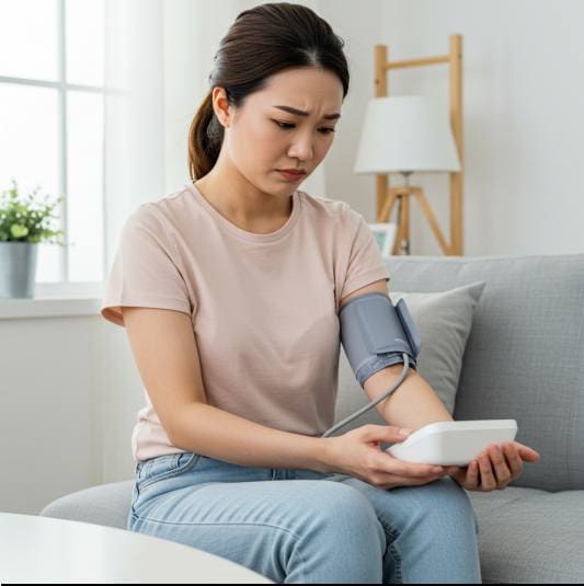 소포리코사이드 효능 심혈관 건강 개선, 혈압 재는 여성 사진