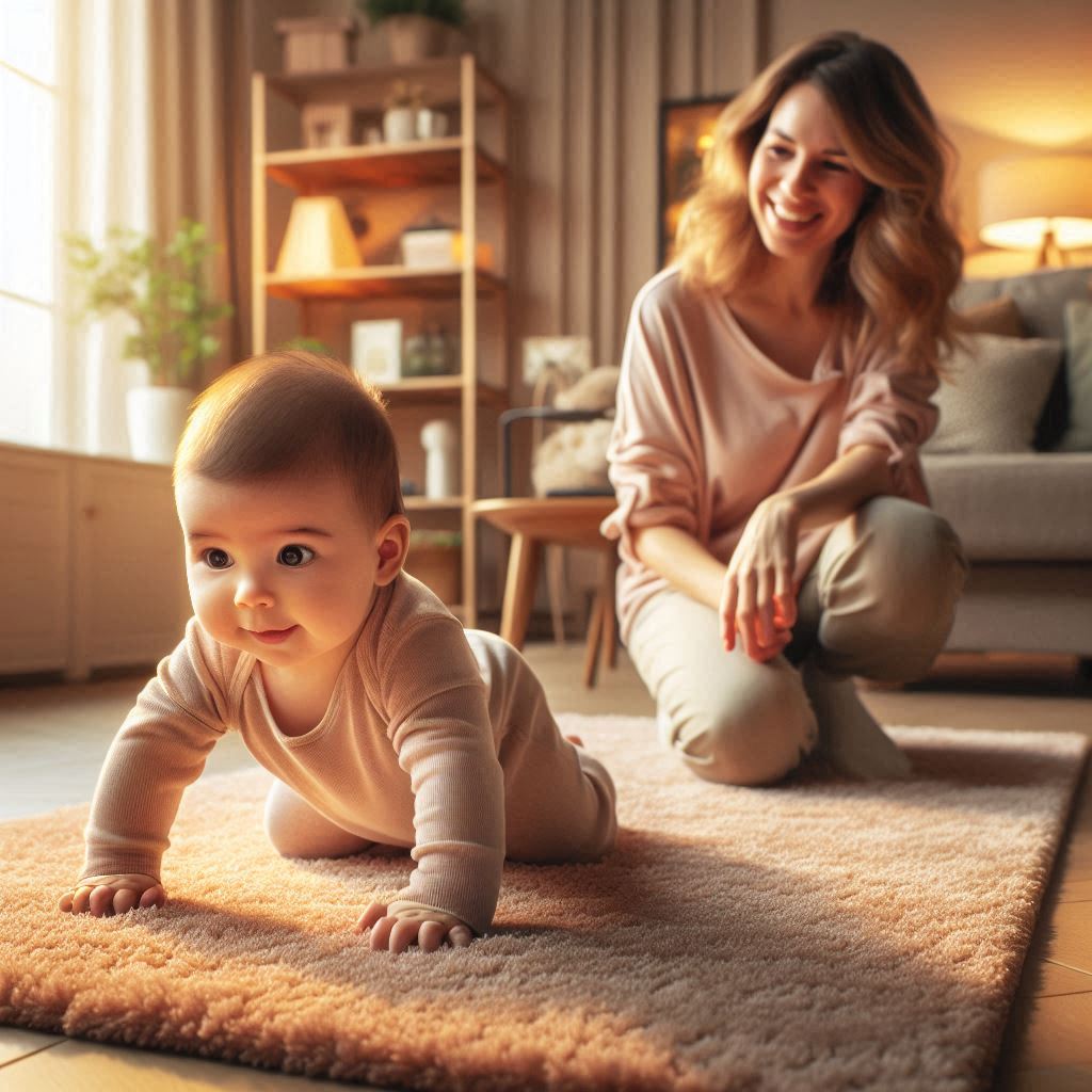 적절한 시기에 성장 발달을 한 아이가 기어가기를 할 수 있는 모습을 나타낸 이미지
