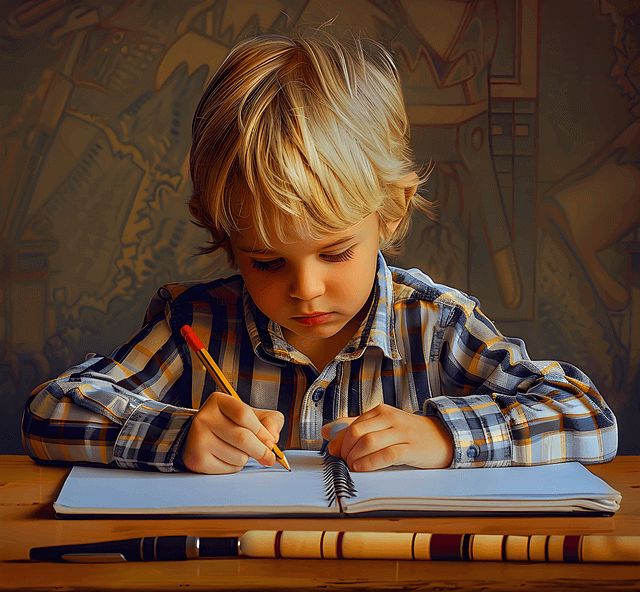 금발의 백인 남자 아이가 책상 앞에 앉아서 공부한다. 책상엔 공책과 연필이 있다.