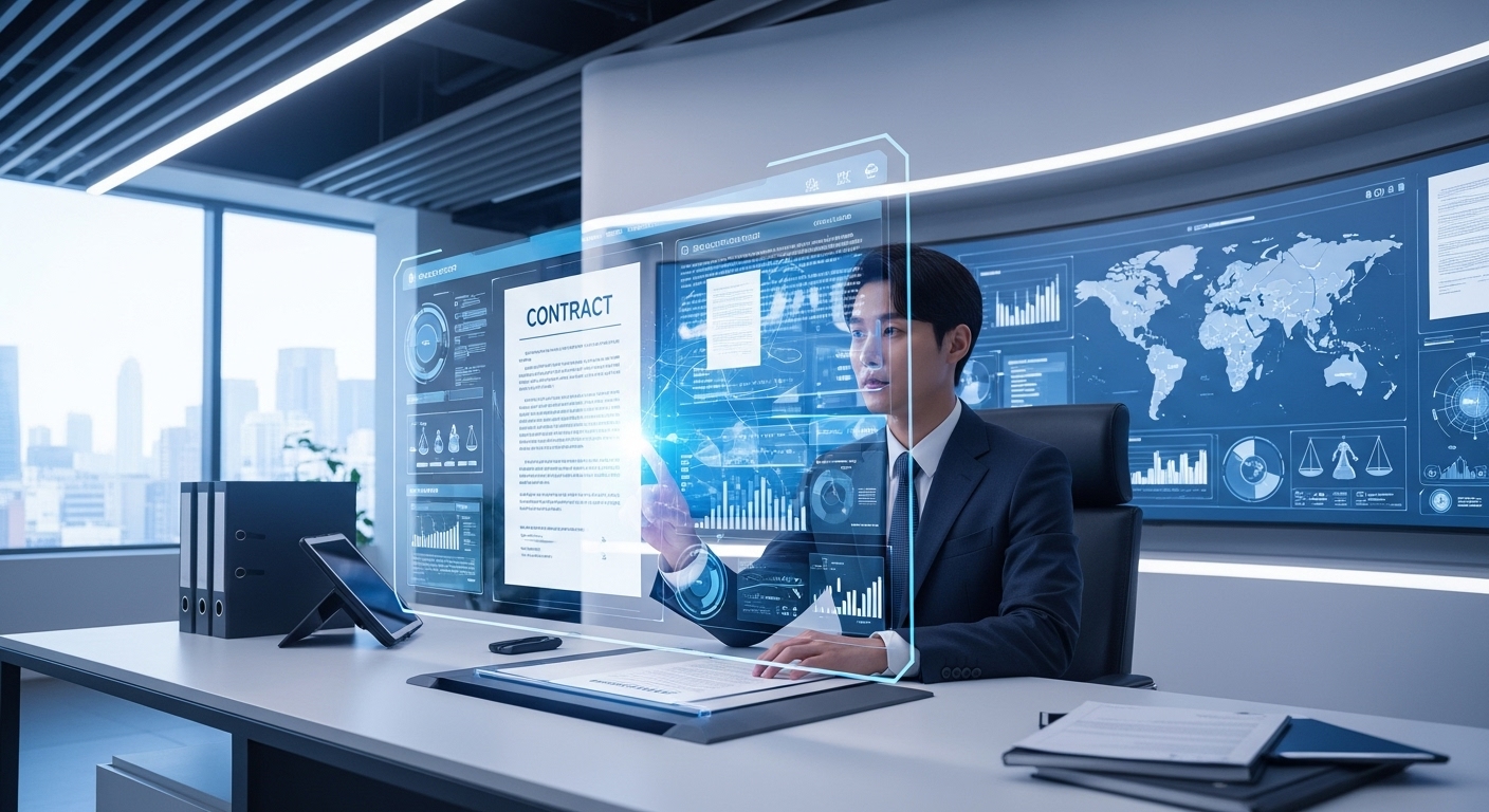 현대적인 법률 사무실에서 홀로그램 AI인터페이스를 활용해 계약서를 검토하는 모습