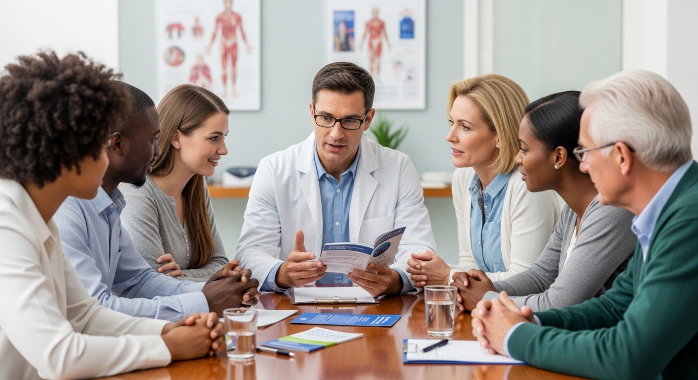 다양한 연령대의 사람들이 전문가와 함께 수면유도제 복용 전 상담하는 모습
