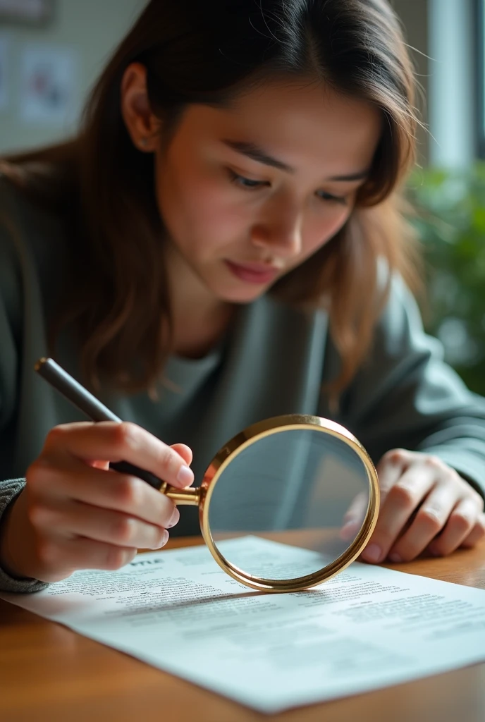 돋보기로 서류를 보는 여자