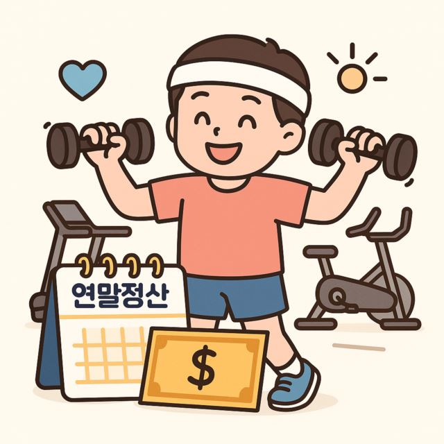 헬스장에서 운동하고, 연말정산에서 환급을 받는 캐릭터 일러스트