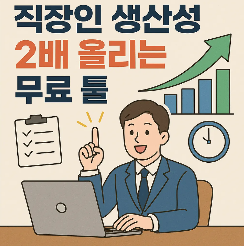 정장을 입은 직장인이 노트북 앞에서 손가락을 들고 웃고 있으며, 체크리스트, 시계, 성장 그래프 아이콘이 함께 배치된 일러스트 이미지