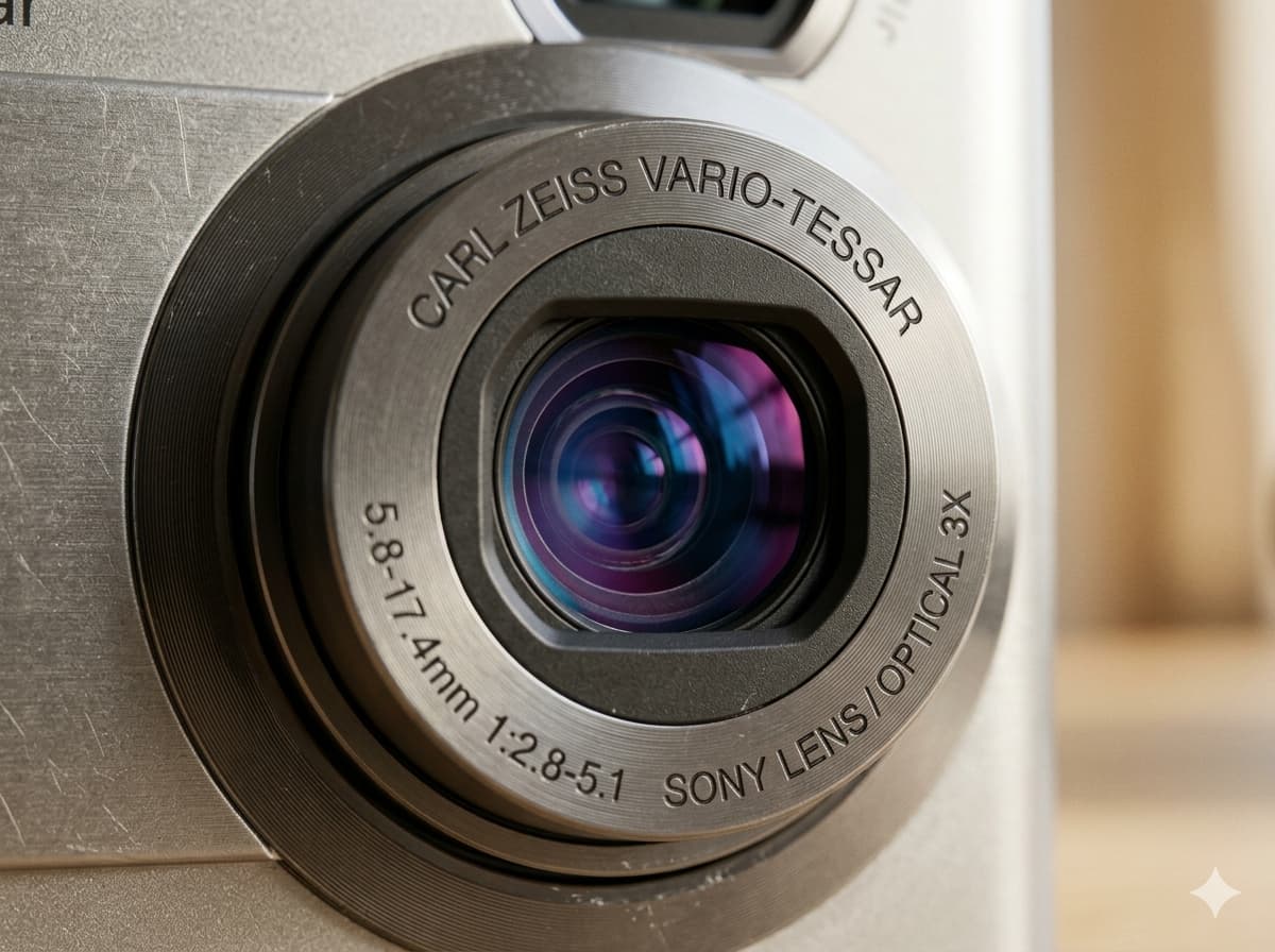 소니 빈티지 디지털 카메라의 칼자이즈 바리오 테사 렌즈 확대 사진으로 렌즈 코팅의 푸른 반사광과 금속 경통에 새겨진 정교한 텍스트 묘사.