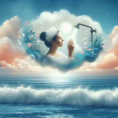 구름 위에서 편안하게 목욕을 즐기는 여성.