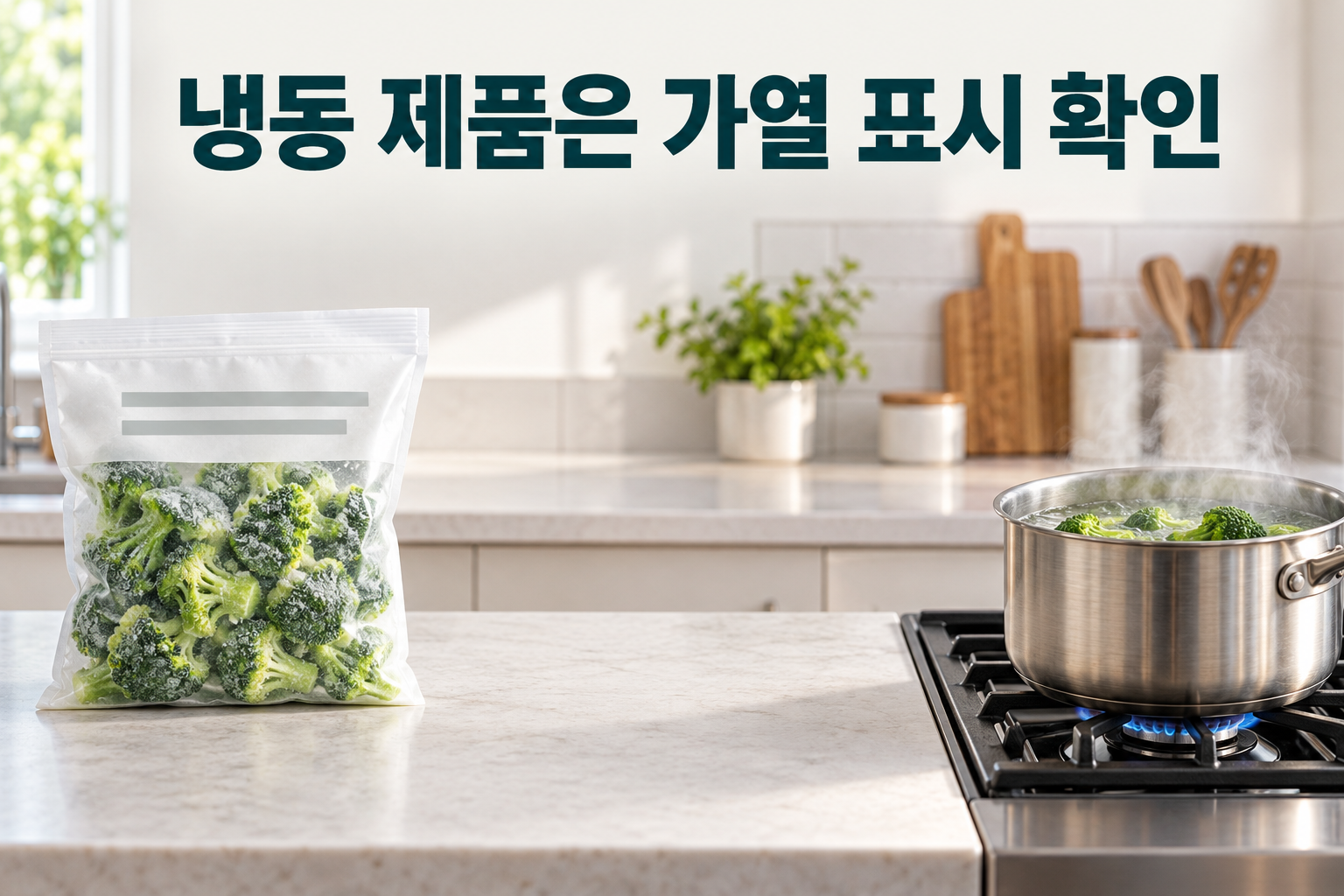 냉동 브로콜리의 포장 지시를 읽고 가열하는 순서