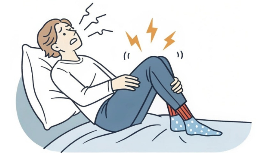 침대에 누워서 잠을 자는 여성이 자다가 다리에 쥐가 나서 양쪽 손으로 다리를 주무르며 고통스러워 하고 있는 것을 그린 이미지 사진