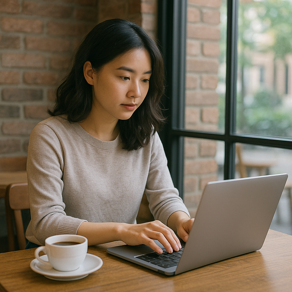 카페에서 블로그 작성하는 여성 이미지
