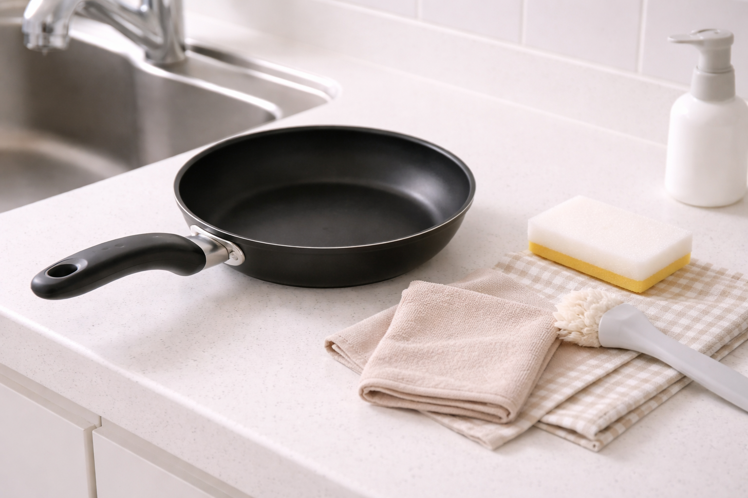 프라이팬 기름때를 줄이는 세척 습관을 설명하는 주방 프라이팬 이미지