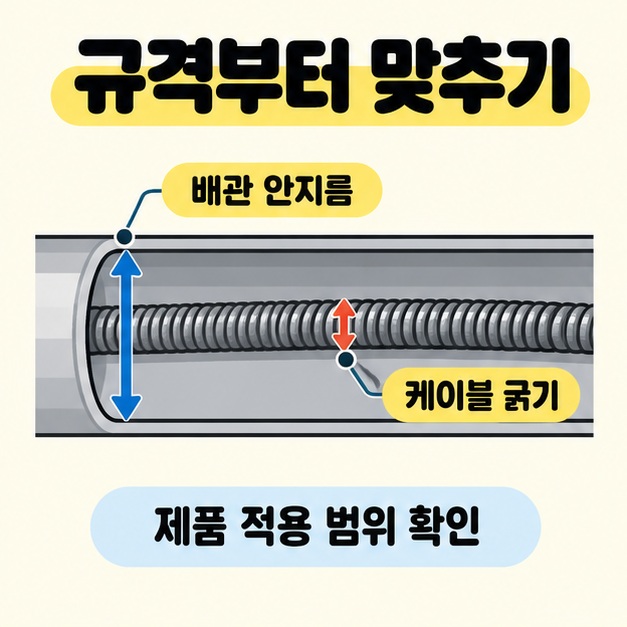규격부터 맞추기라는 제목 아래 배관 단면의 안지름과 케이블 굵기를 서로 다른 양방향 화살표로 표시하고 제품 적용 범위 확인을 안내한 그림