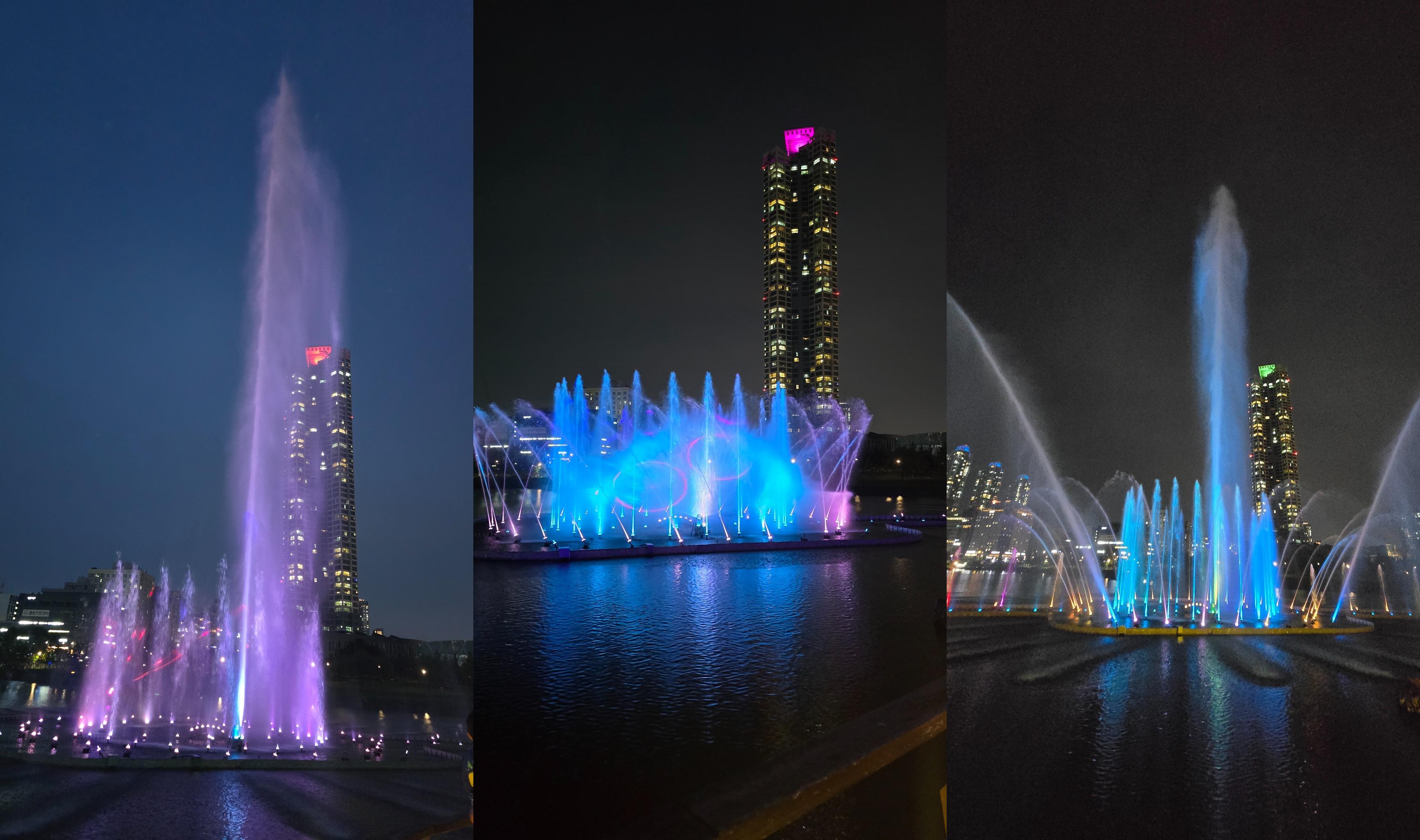청라호수공원 음악분수의 야경 장면을 가로로 이어 붙인 콜라쥬 이미지, 형형색색의 조명과 높은 물줄기가 인상적인 풍경