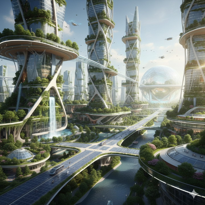 미래 도시의 모습, 첨단 기술과 자연이 조화를 이루는 이상적인 미래상