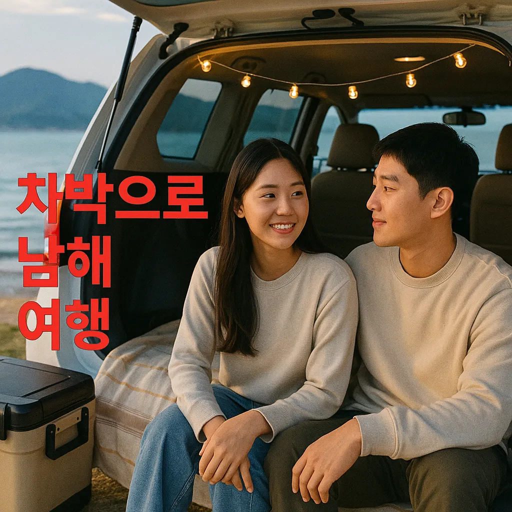 차박으로 남해 여행, 20대 한국 남성과 여성, 바닷가 차박