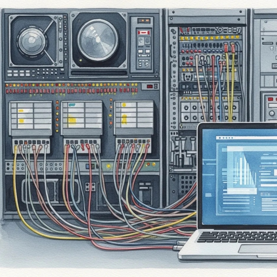 오래된 컴퓨터와 현대 노트북이 연결된 장면
