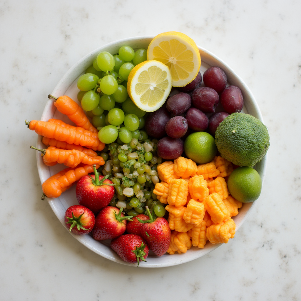 다양한 과일과 채소가 담긴 접시