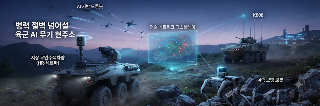 육군 유·무인 복합전투(MUM-T) 체계를 주제로 지상 무인수색차량, 사족보행 로봇, 드론봇이 전술 네트워크를 통해 유기적으로 작전 수행 중인 미래형 전장 일러스트