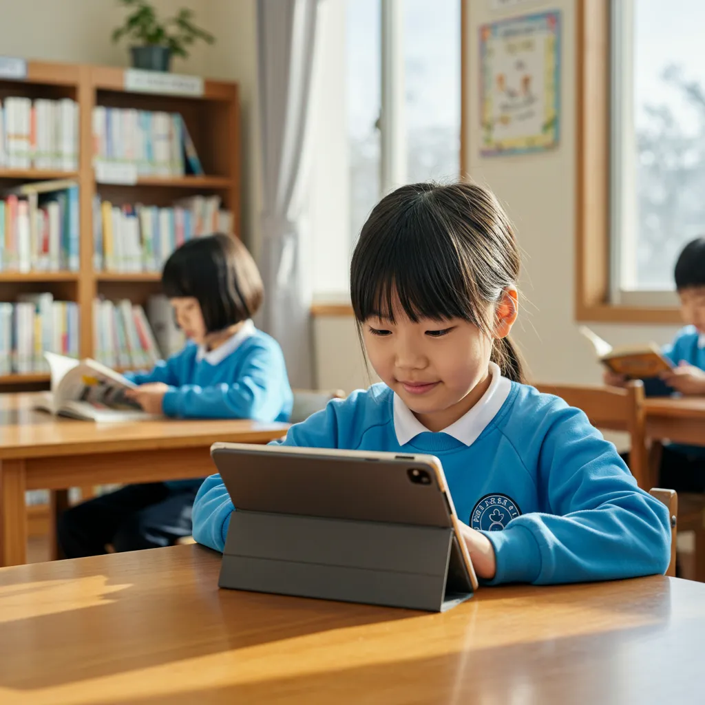 스마트 기기를 이용해 독서 중인 초등학생