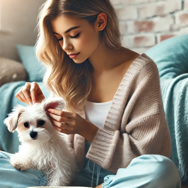 집 안에서 반려견의 귀를 부드럽게 세정하는 젊은 여성의 초고해상도 사진